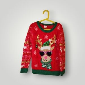 Holiday Time youth 7 8 Festive Red Reindeer Sweater with Green Accents